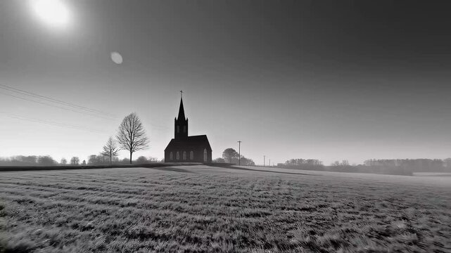 black and white tall, dark church with a steeple standing in a vast, misty field under a gray sky.