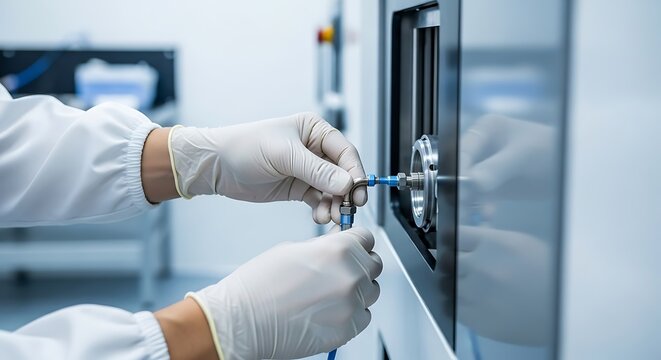 Connecting Hose to Machine in Lab with Gloves on