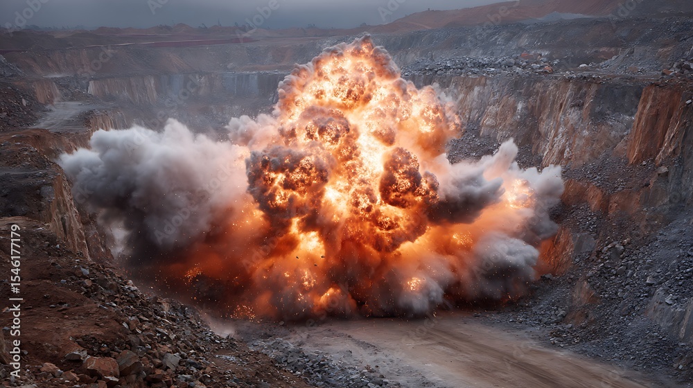 Poster Explosive explosion at a quarry mine with open pit mining