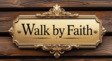 Walk by faith engraved text lettering on gold name plate sign motivation inspiration quote saying