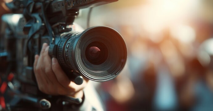 Videographer recording a live event with professional camcorder - Powered by Adobe