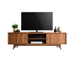 Modern wooden TV cabinet with decor elements.