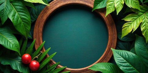Circular wooden frame, vibrant jungle foliage, texture, eco