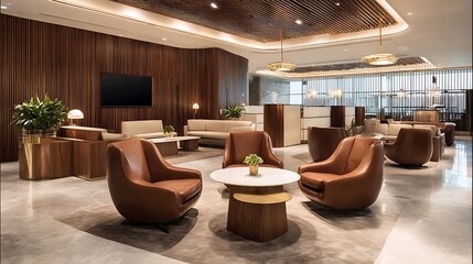 Exclusive airport lounge with luxurious armchairs, sleek modern design, and premium amenities, offering a serene and stylish space for travelers to unwind. .