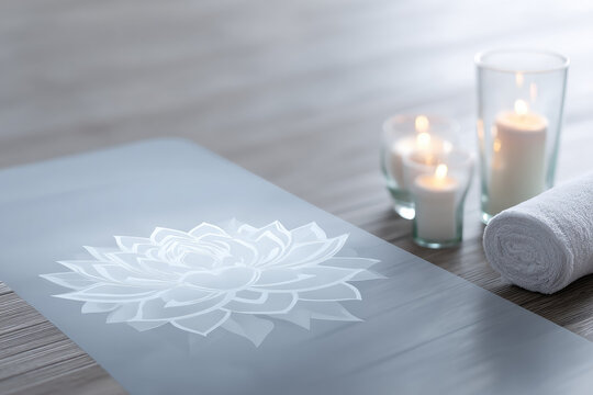 Minimalist meditation mat with lotus flower design placed on wooden floor next to rolled white towel and lit candles creating calm and peaceful atmosphere for relaxation - Powered by Adobe