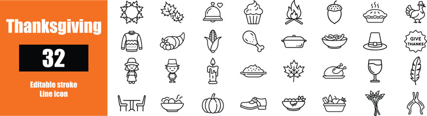 32 Thanksgiving editable line icon set, holiday collection, vector illustration, thanksgiving day icons, celebration signs linear pictograms on transparent background