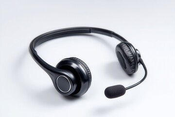 Black headset with microphone lying on white background