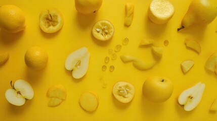 Yellow fruits and vitamins creating a vibrant and healthy pattern on yellow background