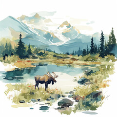 Majestic moose stands by serene lake surrounded by mountains and trees at dawn in a tranquil wilderness setting