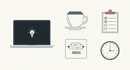 Workspace with laptop and office icons for productivity tasks