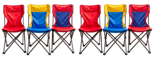 Set of Bright Camping Chairs in Red, Blue, and Yellow, Transparent Background