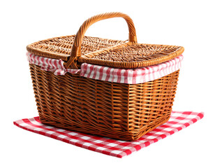 Woven picnic basket with lid and checker cloth.