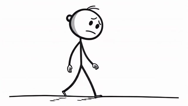 Sad Stickman Walks Slowly Across a White Plain Background Symbolizing Sorrow and Loneliness with Simple Design and Cartoon Style Animation