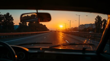 Highway view from inside the car, sun rising in the background, .