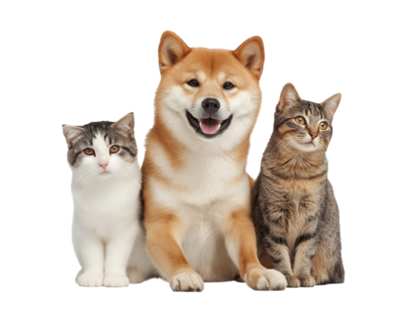 Cute Friendship between cats and dogs, 
A dog and two cats, cute pet animals sitting together isolated on a transparent background