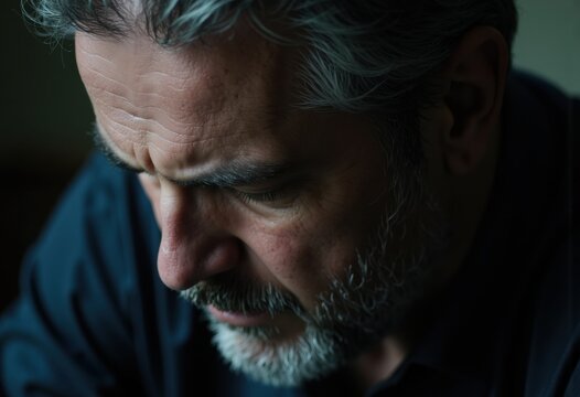 A contemplative man with gray hair and a beard, lost in thought