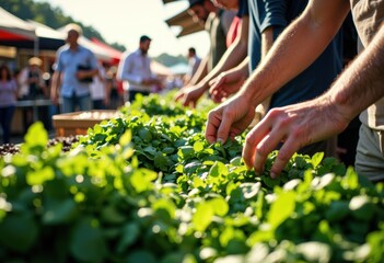 People selecting fresh greens at a vibrant farmers market