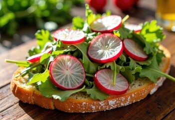 Fresh radish and arugula open-faced sandwich on rustic bread with herbs and olive oil