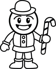 Flat Style Line Art Christmas Character With Candy Cane Gri