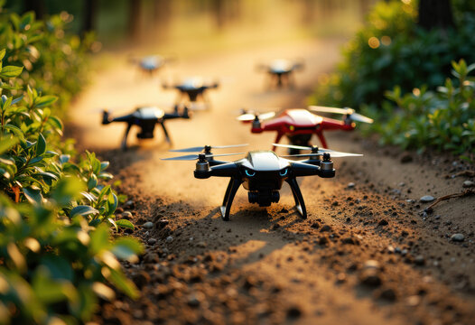 Close-up of multiple drones flying over a dirt path surrounded by greenery in natural sunlight