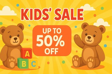 Kids’ sale, banner with teddy bears and blocks, bright and cheerful design, up to 50 off