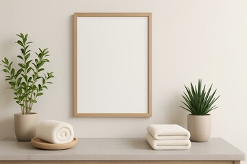 Framed blank poster mockup on the wall of a minimalist bathroom, towels and plants, spa vibe