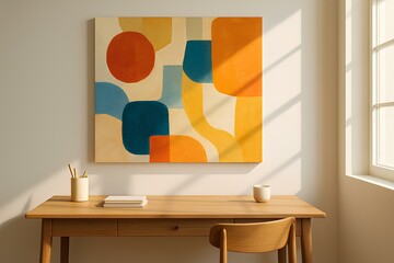 Abstract art canvas mockup above a wooden writing desk, clean modern home interior, sunlight through window