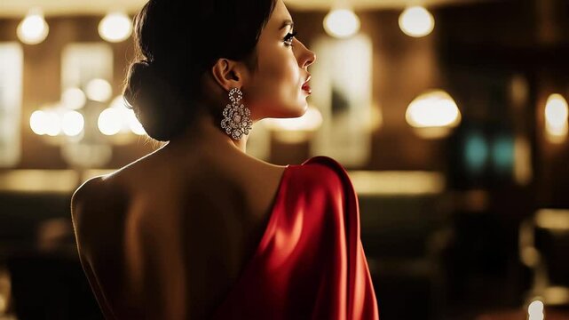 A woman adorned in a stunning red gown stands gracefully in a sophisticated venue. The soft glow of ambient lights creates an intimate atmosphere, enhancing her elegance