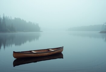 A serene canoe floating on a misty lake surrounded by trees