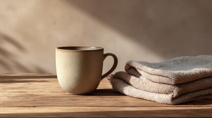 Cozy ceramic coffee mug on rustic wooden table with folded soft towels in warm morning light ideal for lifestyle blogs, self-care concepts and peaceful wellness product mockups