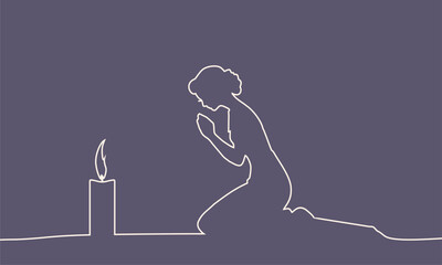 Peaceful woman silhouette praying. Believer with prayer hands show faith and religion. Superstition and high power. Religious art. Thin line style minimalist design