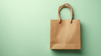 Eco-friendly brown paper shopping bag with thick rope handles hanging on mint green pastel background ideal for branding mockups, packaging presentations and retail design projects