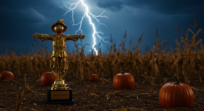 Golden scarecrow award in a cornfield under dramatic stormy sky fall dark night maize scary rural