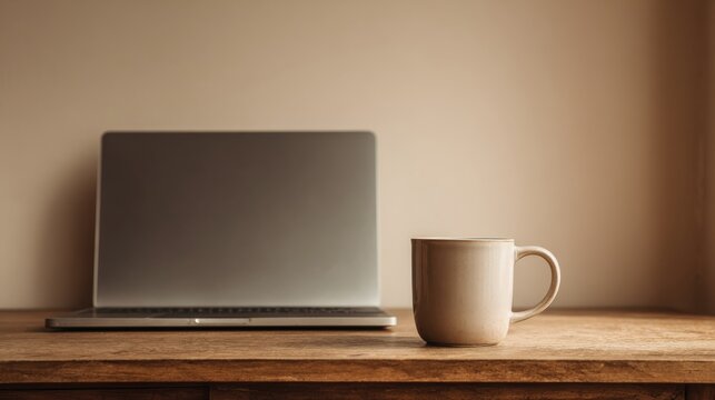 Ceramic mug placed next to open laptop on rustic wooden table in warm ambient light ideal for cozy workspace setups, lifestyle branding and creative home office content - Powered by Adobe