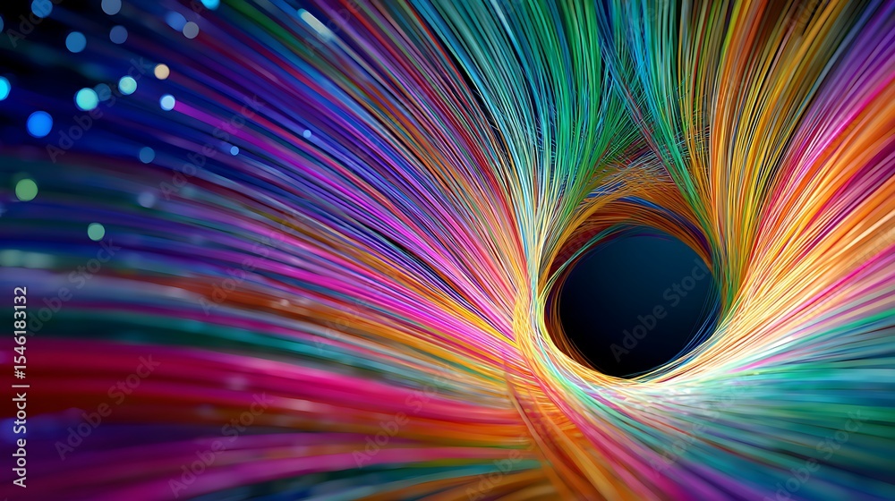 Poster optical fiber speed concept illustration, colorful lines connection network high speed data transfer