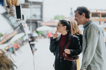 Friends enjoying time together, deciding what to browse in a vibrant marketplace setting.