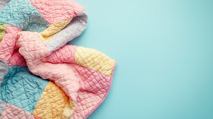 Colorful patchwork quilt draped on a light blue surface.