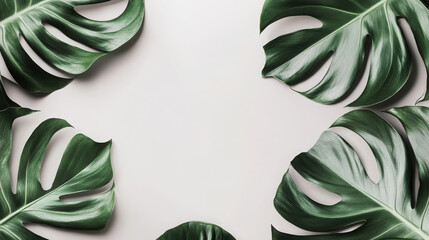 Close up view of tropical monstera leaves on a gray background. Natural plant border concept for spring summer design.