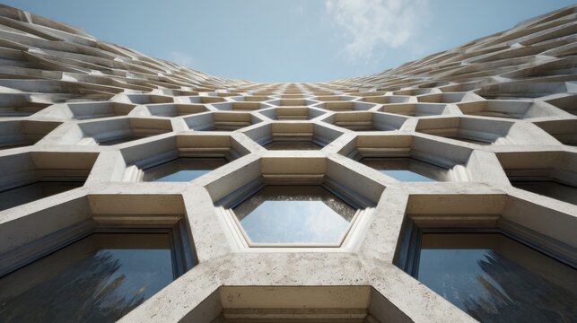 Low angle view of futuristic hexagonal window architecture against blue sky creating geometric urban pattern ideal for architectural design concepts and modern construction visuals