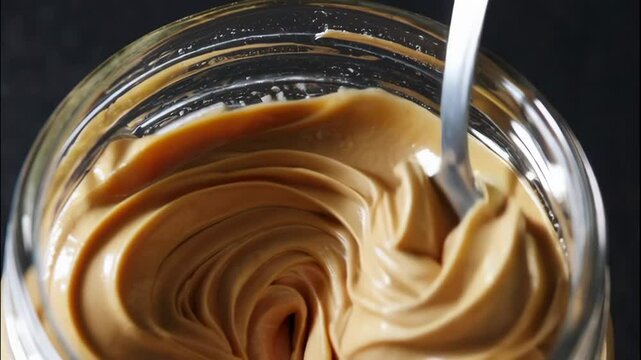 A close up of peanut butter in a glass jar with a spoon inside it all