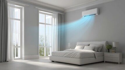 Minimalistic white bedroom with cool blue air from air conditioner .