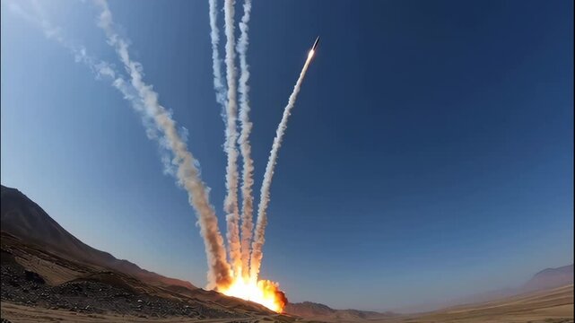 Missiles launching into the clear blue sky from a desert landscape view