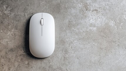 Minimal white wireless computer mouse on textured gray stone background captured in clean top view ideal for tech mockups, user interface visuals and productivity themes