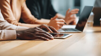 Diverse team of people working together on digital devices at shared wooden desk in modern office space ideal for teamwork, coworking, and creative collaboration visuals
