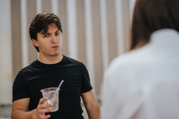 A man in a black shirt holding a cup, expressing a confused reaction during a social dialogue with...