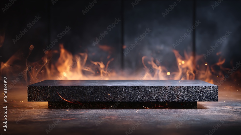 Poster table top stone or stand product display with fire flames in dark background