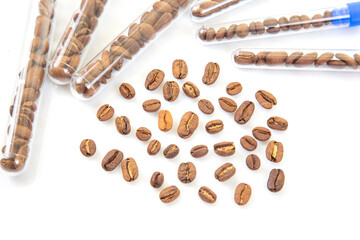 Coffee Industry Testing and Inspection – Roasted coffee beans under laboratory examination with scientific instruments, symbolizing quality control in coffee production