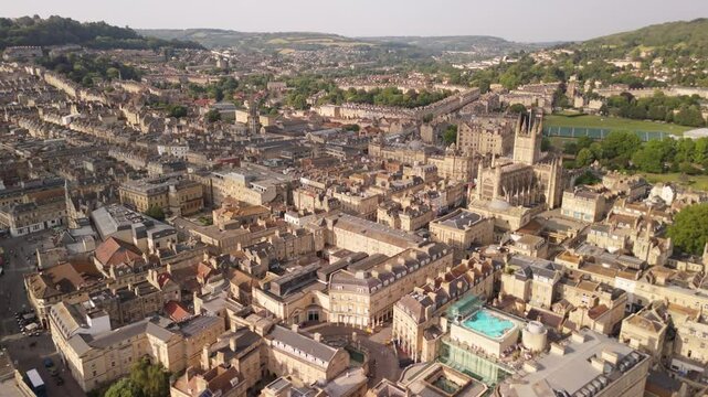 Aerial footage of the spledind, vibrant and unique town of Bath and it Roman's bath in United Kingdom 