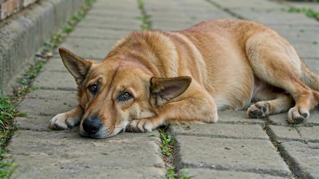 there is a dog that is laying down on the sidewalk