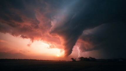 Obraz premium Powerful Tornado with Lightning and Sunset .